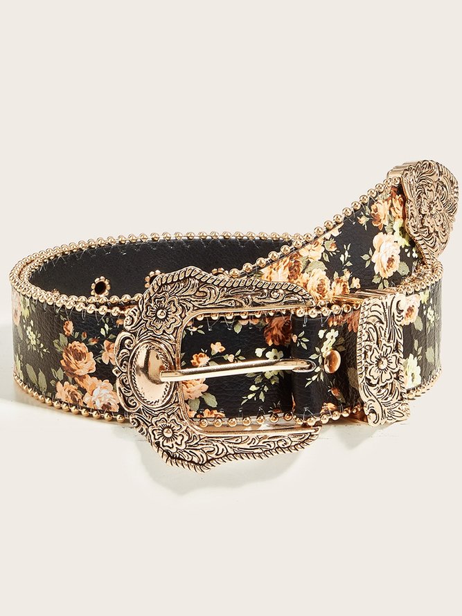 Side view of Women Street Floral All Season Printing Commuting PU Belts
