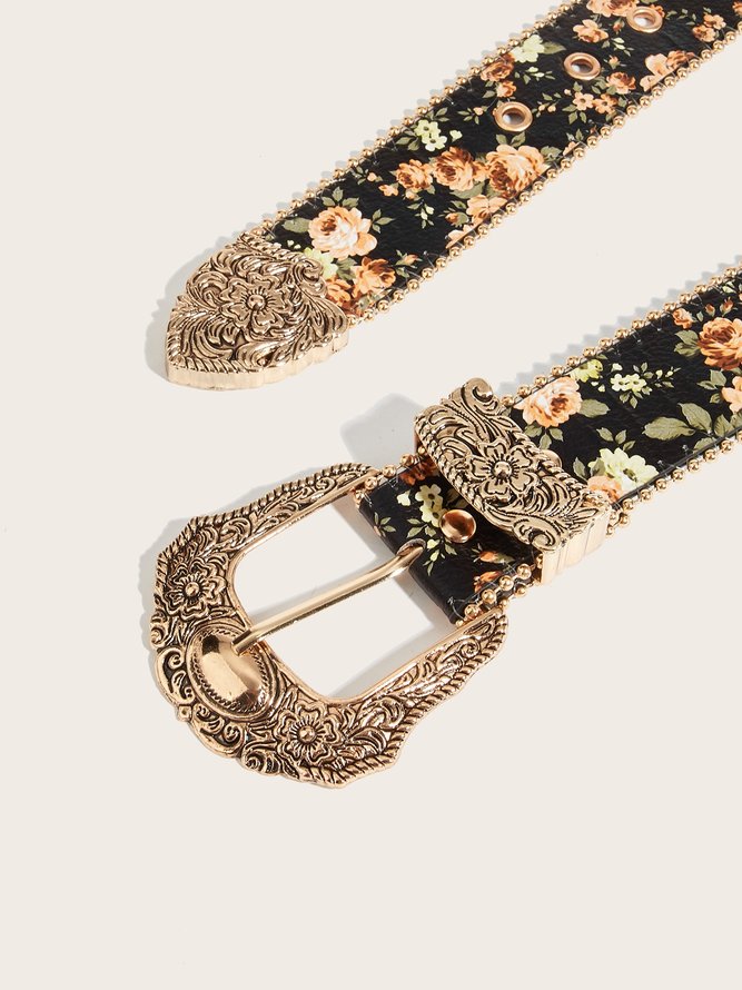 Side view of Women Street Floral All Season Printing Commuting PU Belts