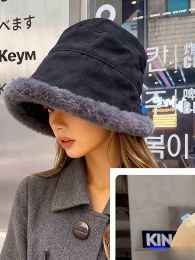 Side view of Women Casual Color Block All Season Polar Fleece Split Joint Heavyweight Vacation Floppy Hats