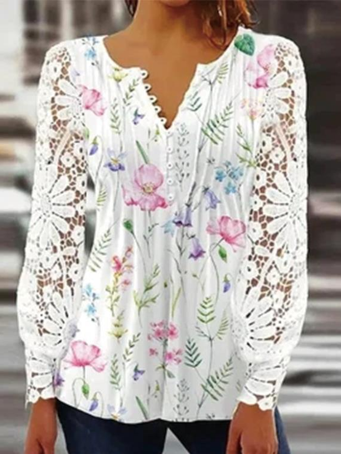 Women Floral Casual Blouses V Neck Lace Long Sleeve Spring/Fall Top-image-17098407