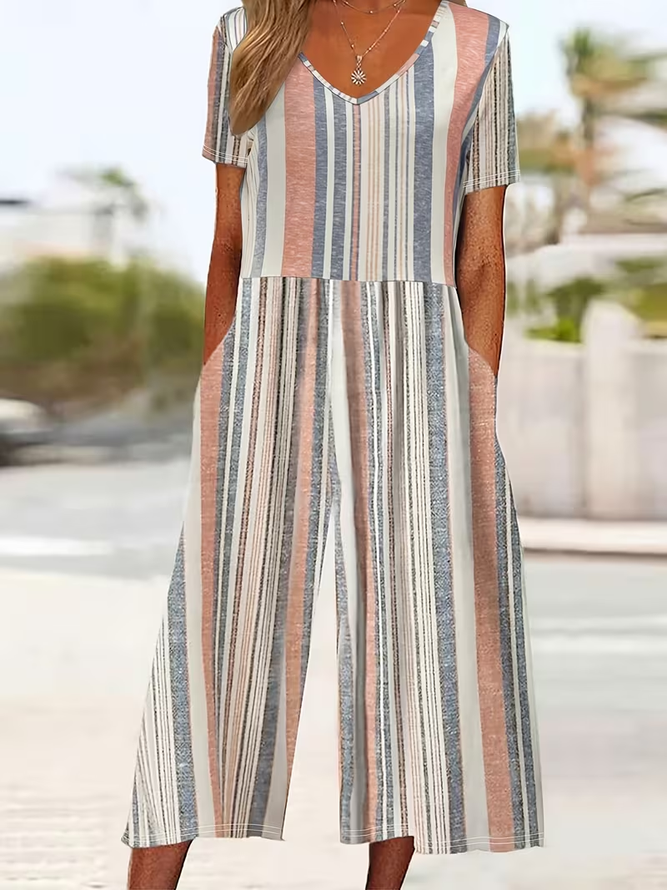 Women Striped Casual V Neck Jumpsuits-image-17027480