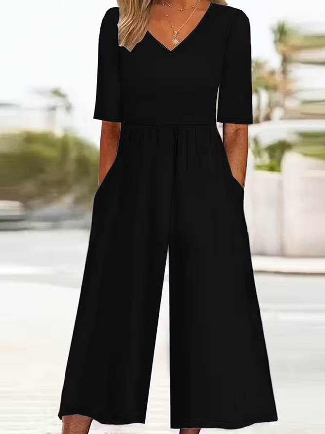 Side view of Women Plain Casual V Neck Jumpsuits