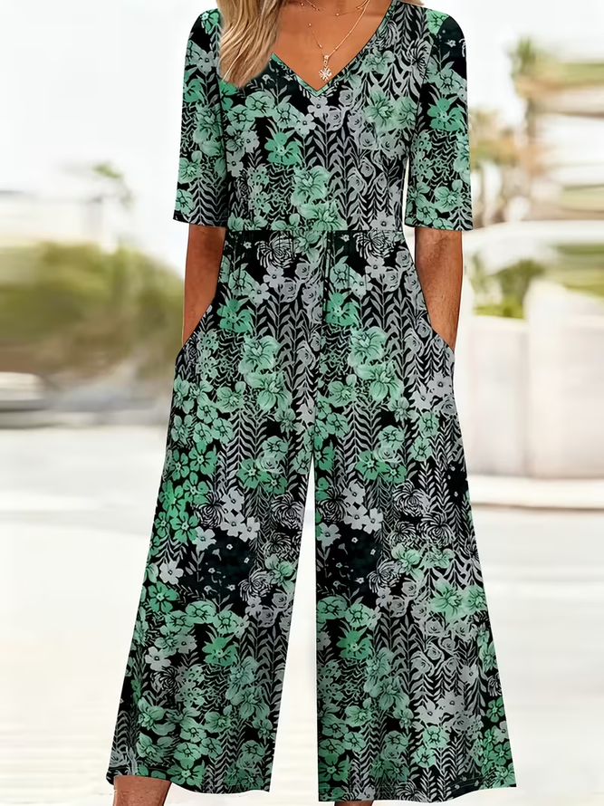 Side view of Women Floral Casual V Neck Jumpsuits