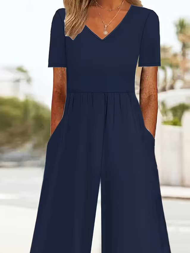 Side view of Women Plain Casual V Neck Jumpsuits