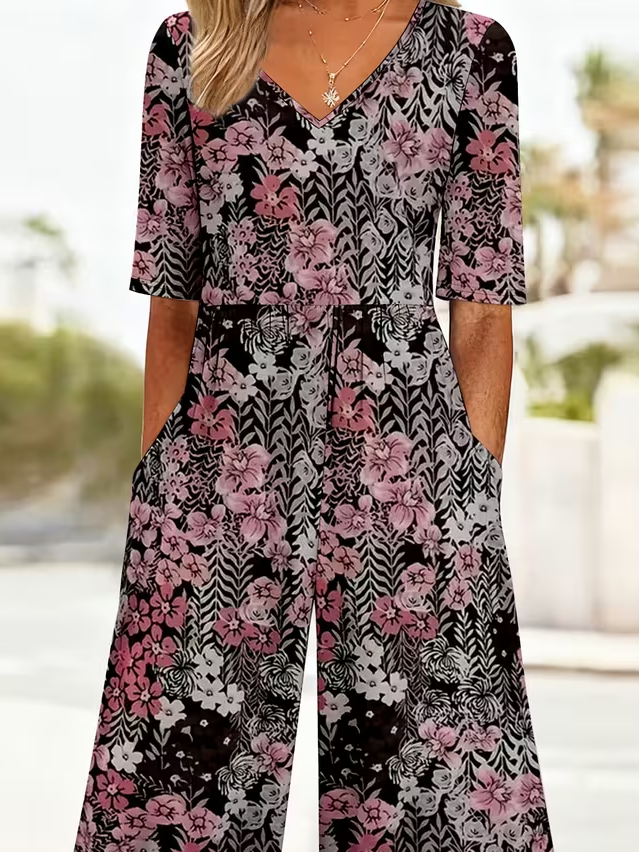 Side view of Women Floral Casual V Neck Jumpsuits