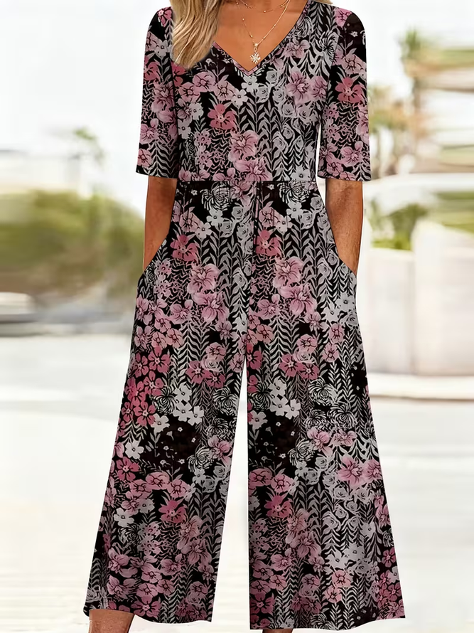 Women Floral Casual V Neck Jumpsuits-image-17027492