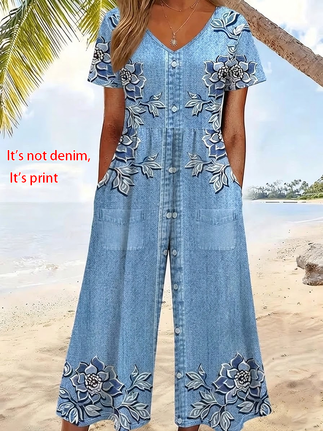 Women Floral Casual V Neck Jumpsuits-image-17027444