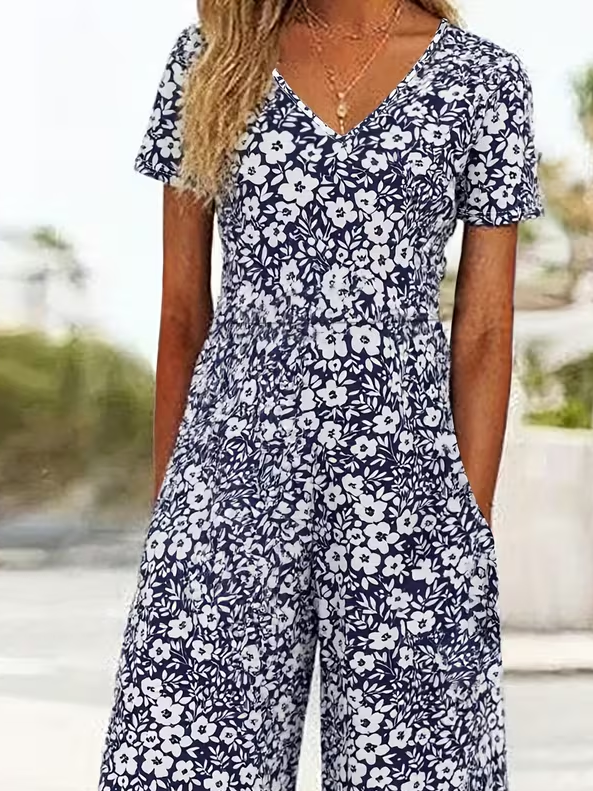 Side view of Women Floral Casual V Neck Jumpsuits