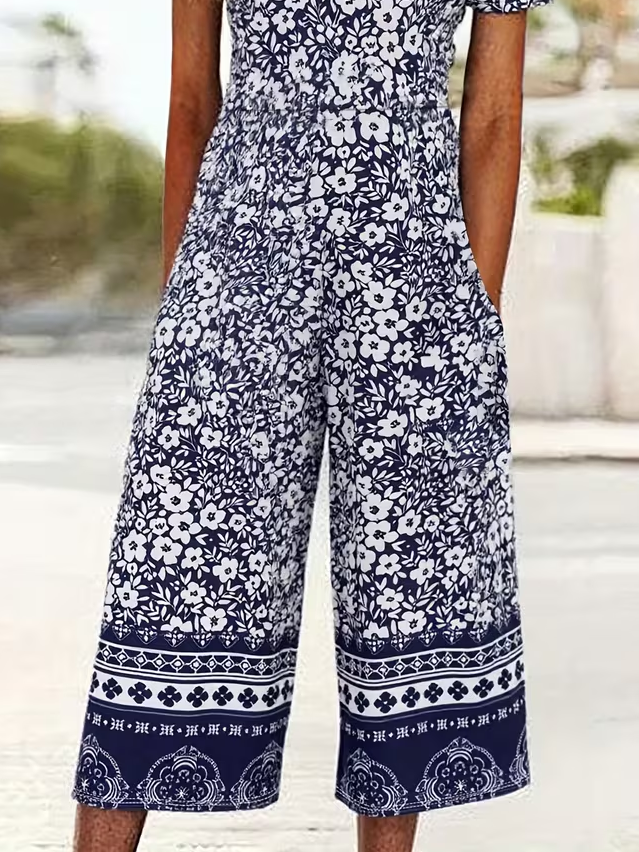 Side view of Women Floral Casual V Neck Jumpsuits