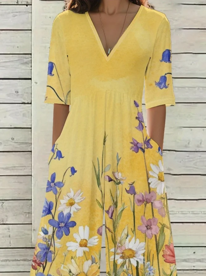 Side view of Women Floral Casual V Neck Jumpsuits
