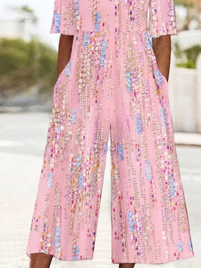 Side view of Women Abstract Casual V Neck Jumpsuits