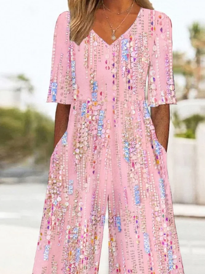Side view of Women Abstract Casual V Neck Jumpsuits