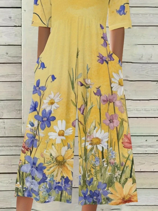 Side view of Women Floral Casual V Neck Jumpsuits