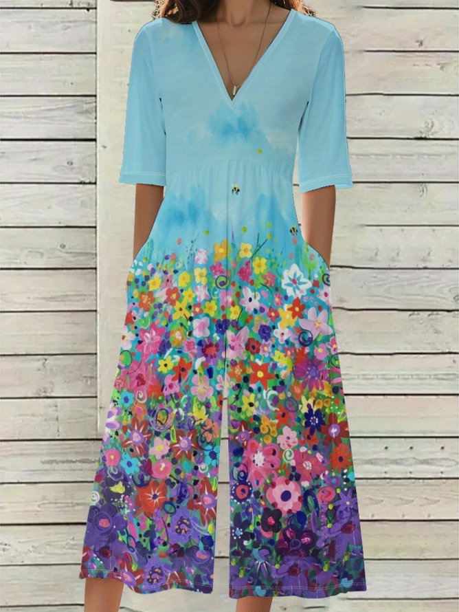 Women Floral Casual V Neck Jumpsuits-image-17035577