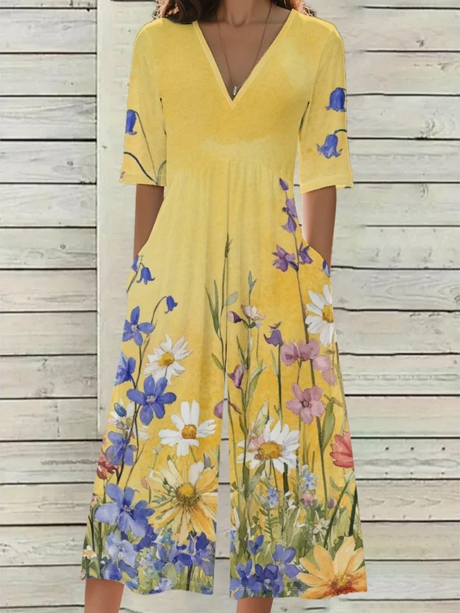Women Floral Casual V Neck Jumpsuits-image-17035565