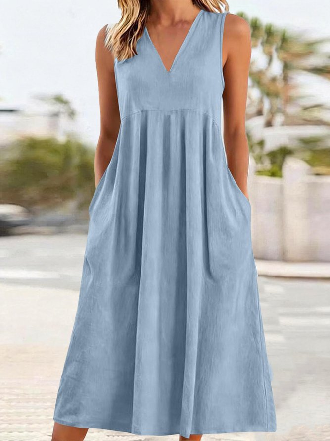 Women Plain A-Line Maxi V Neck Vintage Summer Daily Dress-image-17099907