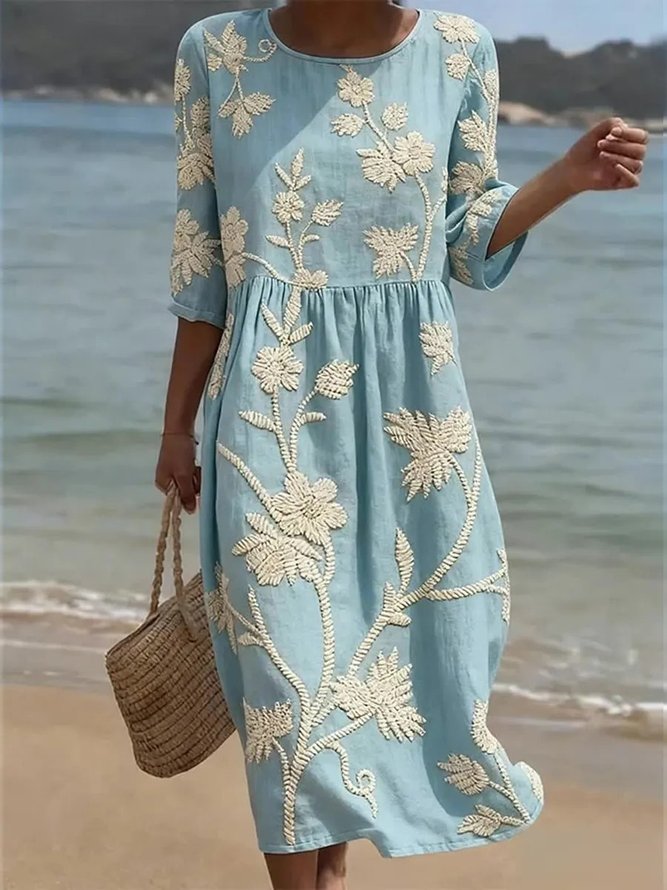 Women Floral A-Line Midi Vintage Summer Daily Dress-image-17103277