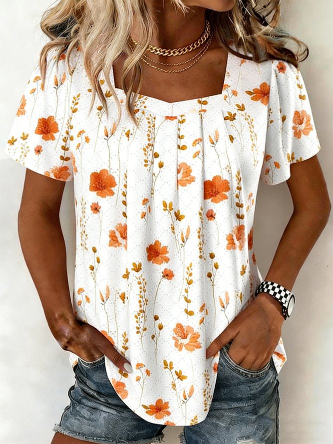 Women Floral Elegant Short Sleeve Tee T-shirt Square Neck Summer Top-image-17106794