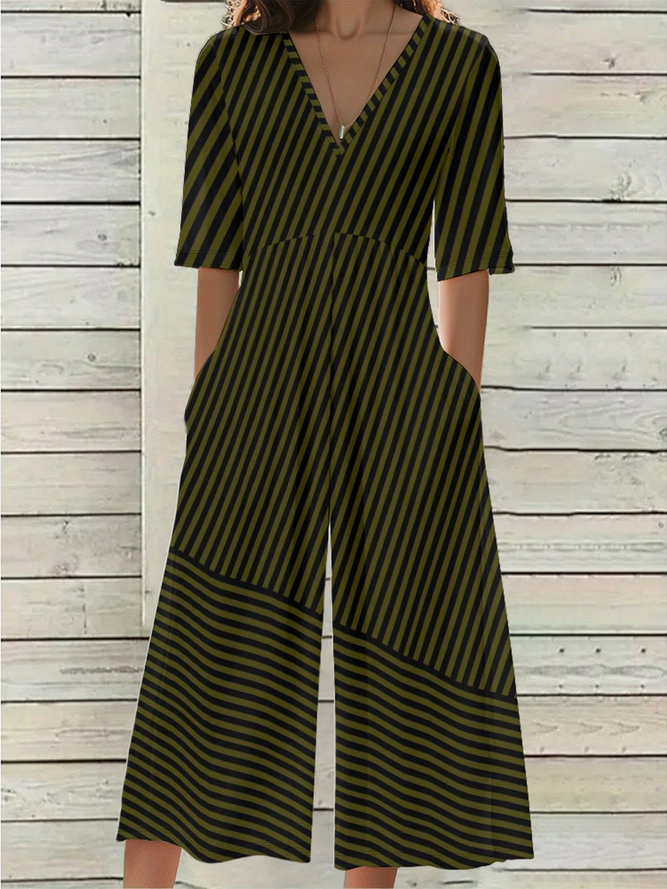 Women Striped Casual V Neck Jumpsuits-image-17054679