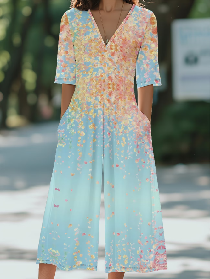 Women Floral Casual V Neck Jumpsuits-image-17054691