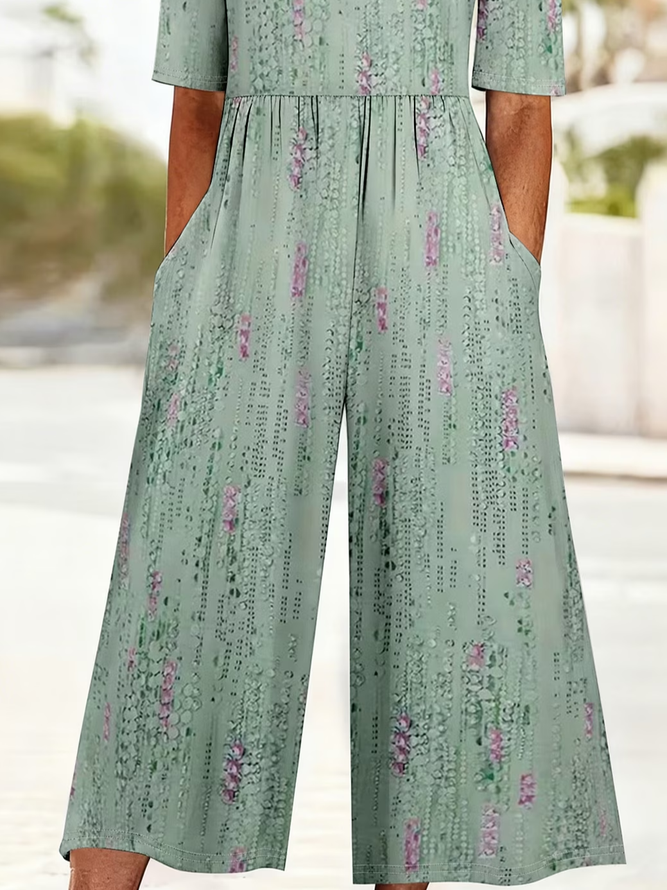 Side view of Women Abstract Casual V Neck Jumpsuits