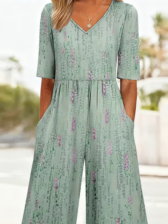 Side view of Women Abstract Casual V Neck Jumpsuits