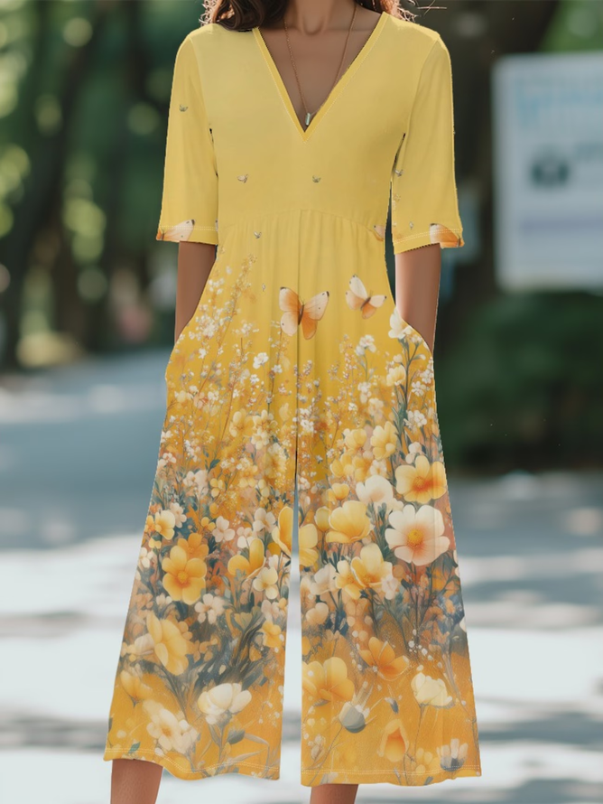 Women Floral Casual V Neck Jumpsuits-image-17054703