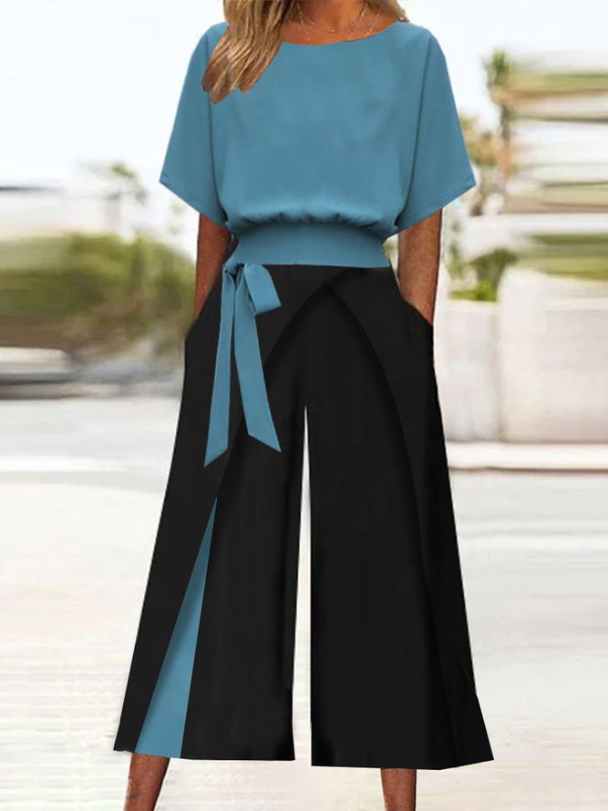 Women Plain Vintage Two-Piece Sets Crew Neck Daily Summer Top With Pants-image-17093062
