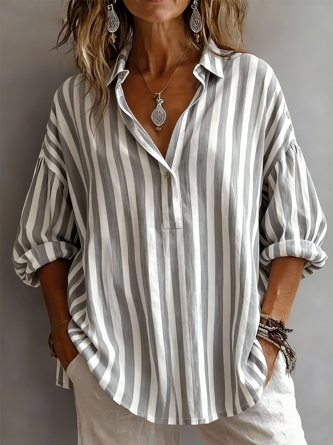 Women Striped Vintage Shirts Shirt Collar Long Sleeve Spring/Fall Top-image-17098395