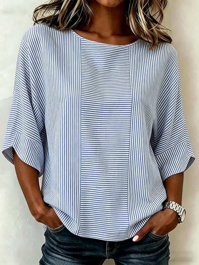 Women Striped Vintage Shirts Crew Neck Half Sleeve Summer Top-image-17098347