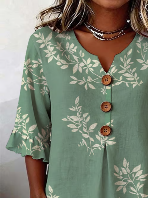 Side view of Women Floral Vintage Blouses V Neck Printing Half Sleeve Summer Top