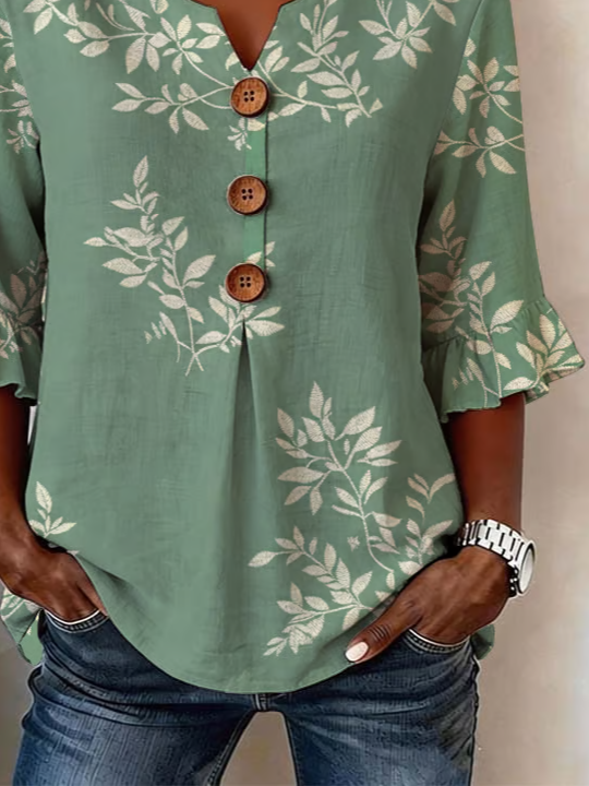Side view of Women Floral Vintage Blouses V Neck Printing Half Sleeve Summer Top