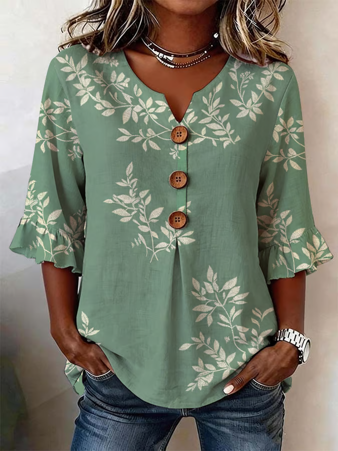 Women Floral Vintage Blouses V Neck Printing Half Sleeve Summer Top