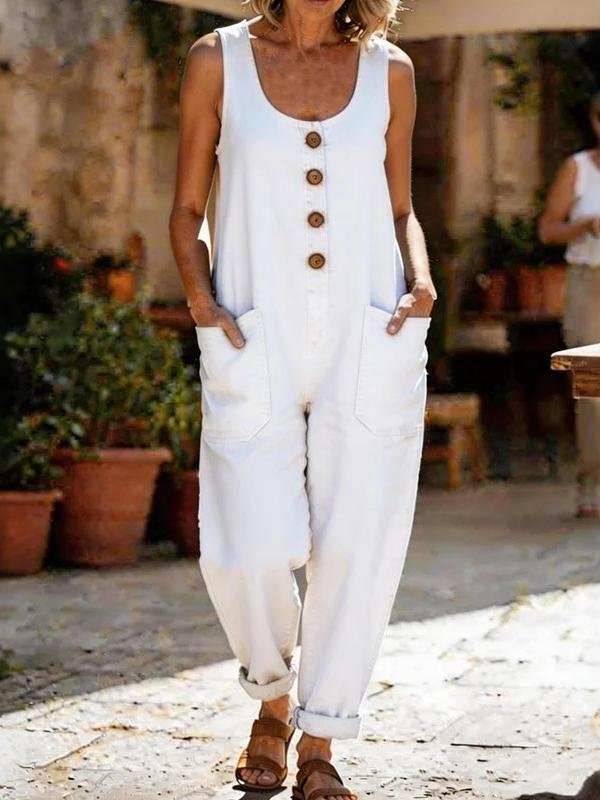 Women Plain Vintage Crew Neck Jumpsuits-image-17087316