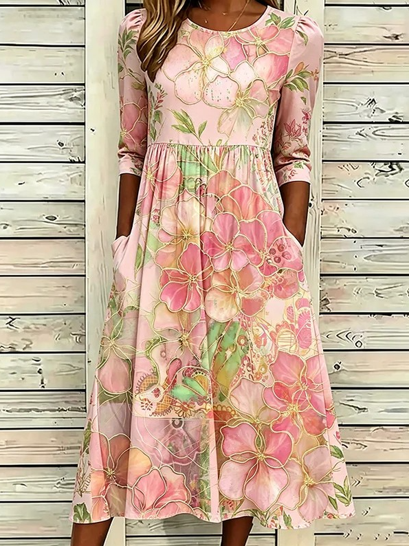 Women Floral A-Line Maxi Crew Neck Vintage Summer Daily Dress-image-17099895