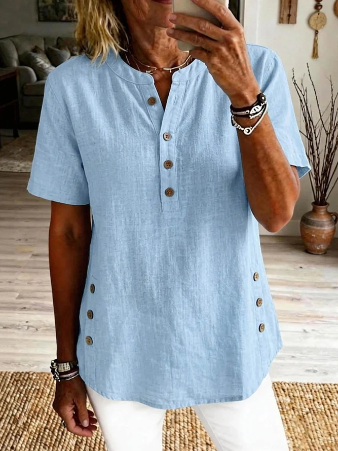 Women Plain Casual Shirts Stand Collar Short Sleeve Summer Top-image-17116047