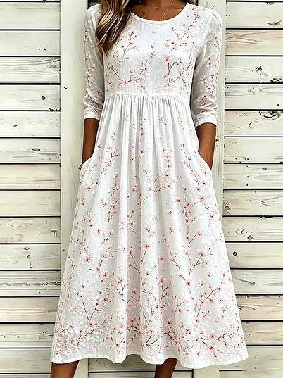 Women Floral A-Line Maxi Crew Neck Vintage Summer Daily Dress-image-17098467