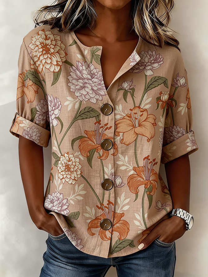Women Floral Casual Shirts Stand Collar Buckle Long Sleeve Spring/Fall Top-image-17083966
