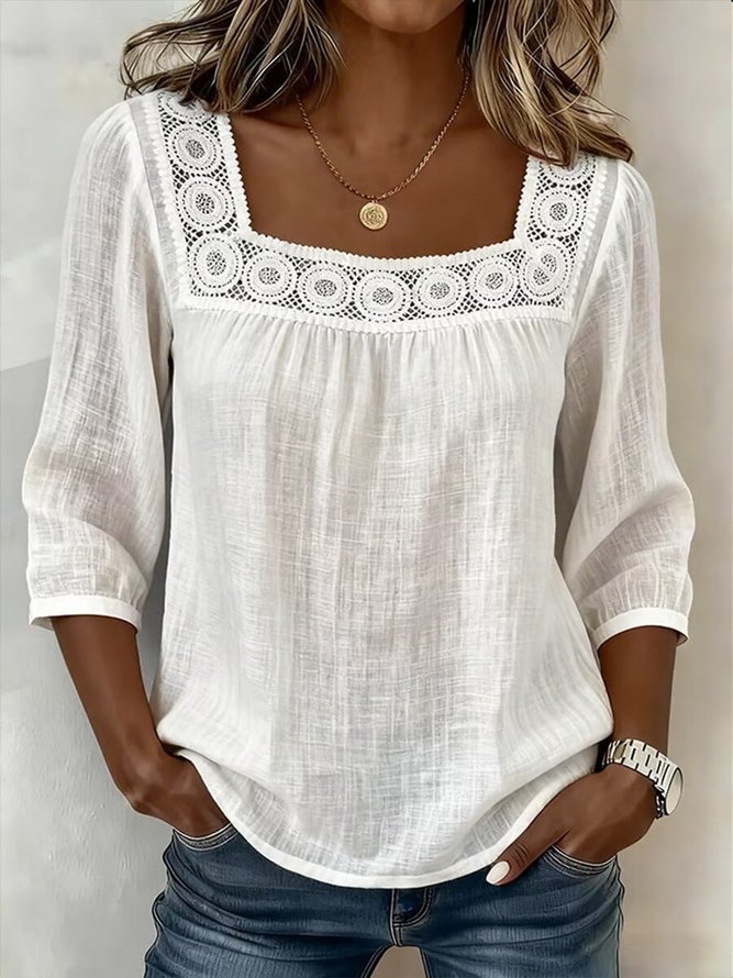 Women Plain Vintage Blouses Square Neck Half Sleeve Summer Top-image-17092703