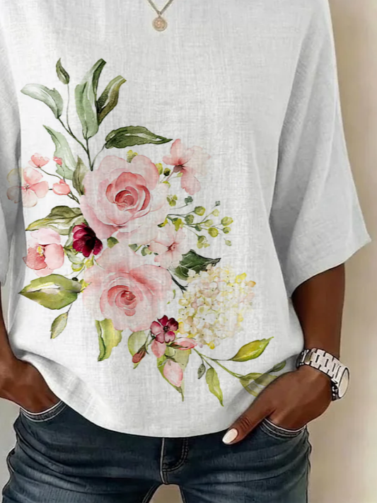 Side view of Women Floral Vintage Blouses Crew Neck Printing Half Sleeve Summer Top