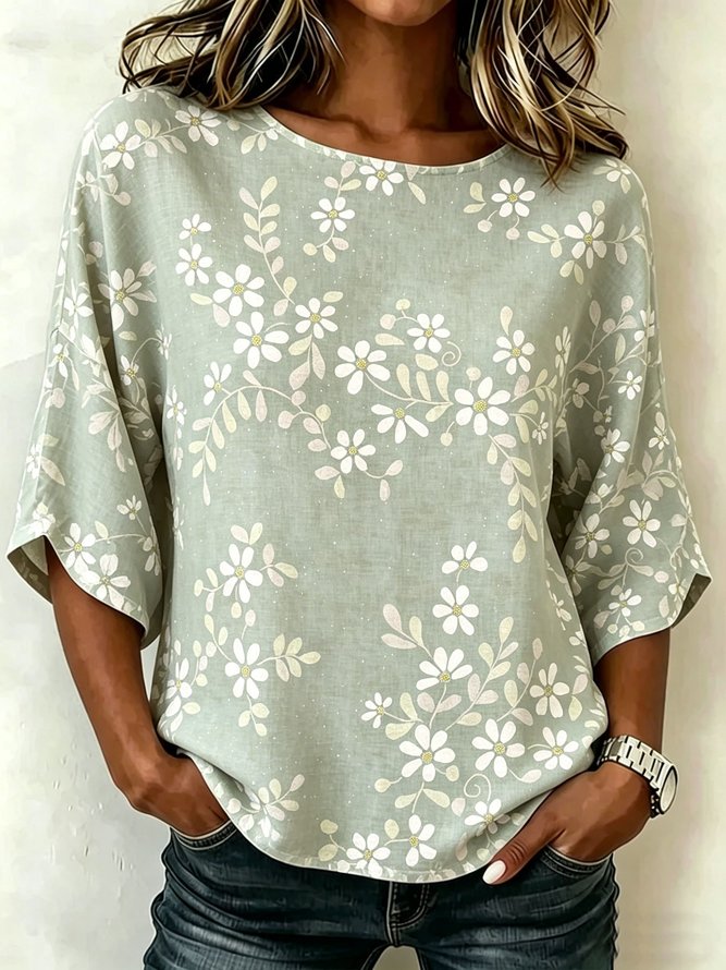 Women Floral Vintage Blouses Crew Neck Half Sleeve Summer Top-image-17109795