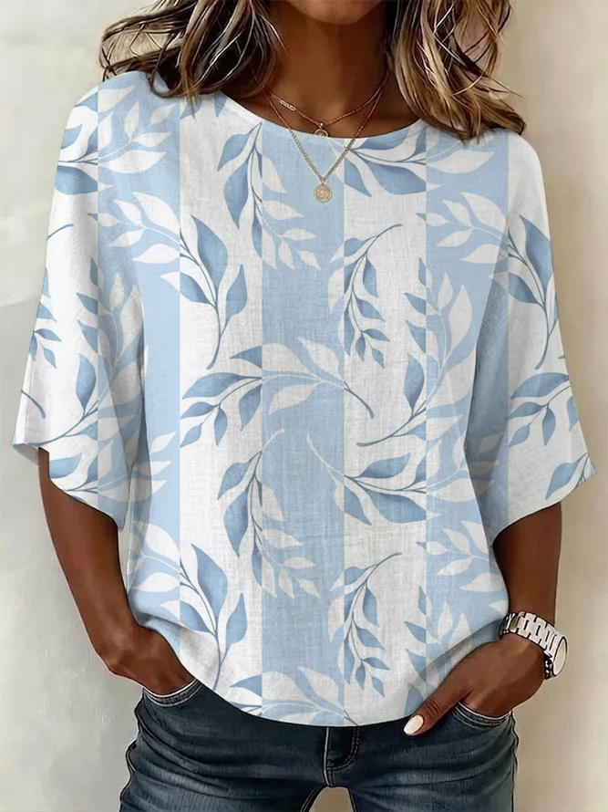 Women Floral Vintage Blouses Crew Neck Printing Half Sleeve Summer Top-image-17085237