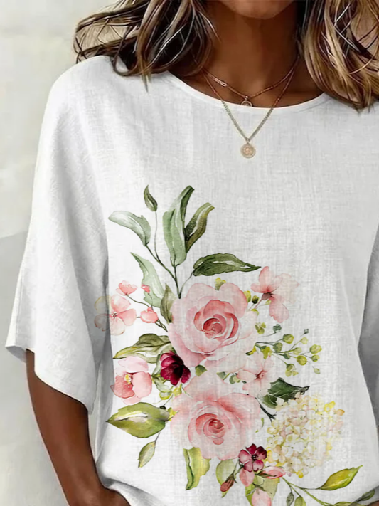 Side view of Women Floral Vintage Blouses Crew Neck Printing Half Sleeve Summer Top