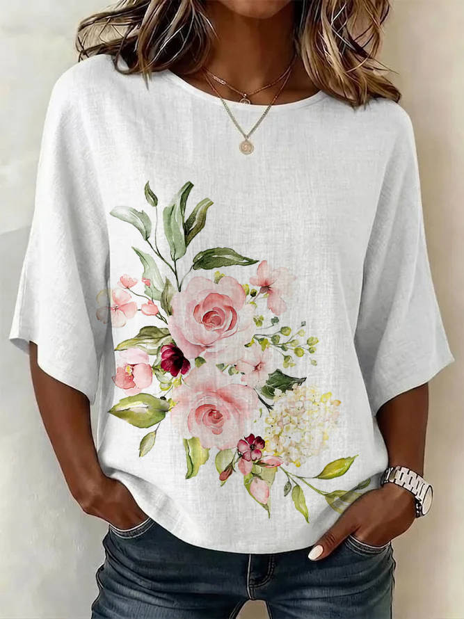 Women Floral Vintage Blouses Crew Neck Printing Half Sleeve Summer Top-image-17085249