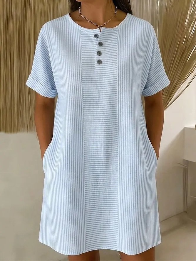 Striped Vintage Summer Micro-Elasticity Daily Loose Polo Collar Mid-long H-Line Dresses for Women-image-17098455