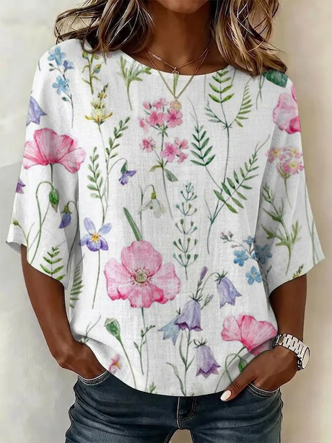Women Floral Vintage Blouses Crew Neck Printing Half Sleeve Summer Top-image-17085225