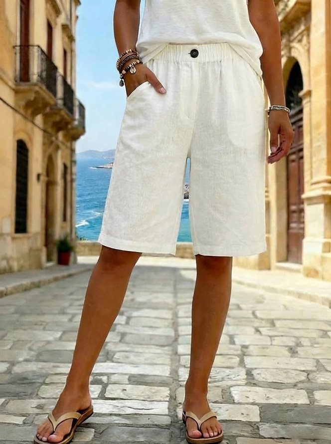 Women Plain Vintage Fifth Pants Straight Pants Summer Shorts-image-17098222