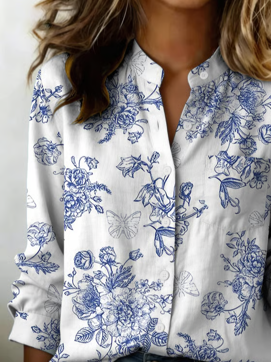 Side view of Women Floral Casual Shirts Stand Collar Printing Button Up Shirt Long Sleeve Spring/Fall Top