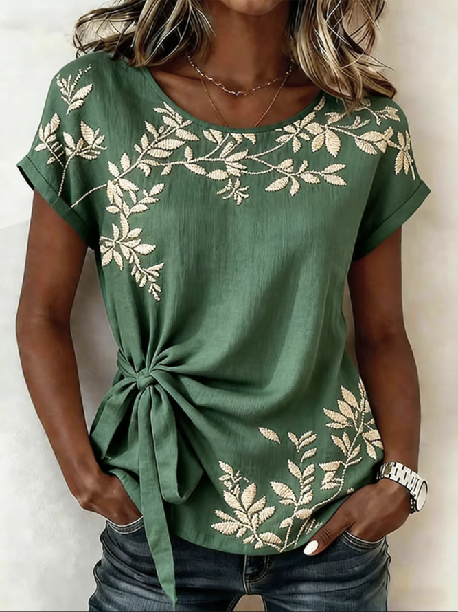 Women Botanical Pattern Vintage Shirts Crew Neck Short Sleeve Summer Top-image-17098383