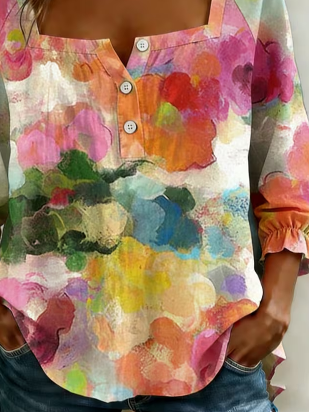 Side view of Women Abstract Vintage Blouses Square Neck Printing Three Quarter Sleeve Spring/Fall Top